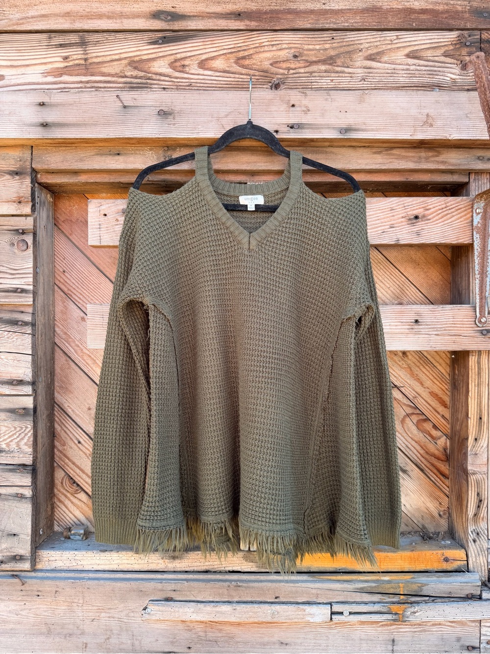 Umgee Olive Cold-Shoulder Waffle Knit Sweater
